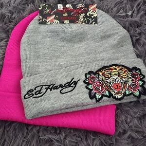 Ed Hardy 2-Pack Beanie Hats - Gray Tiger Patch & Hot Pink
